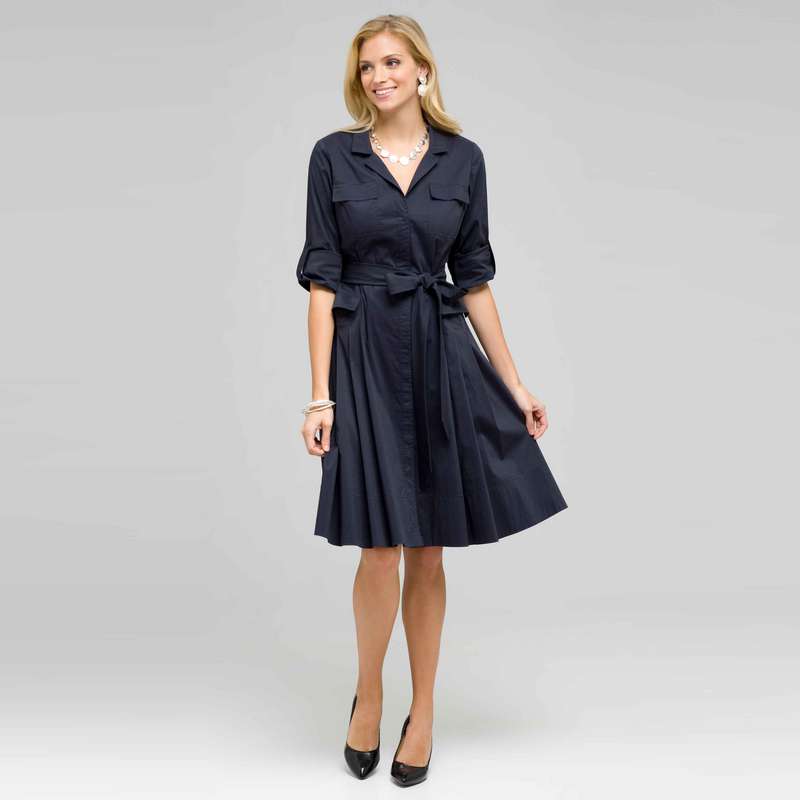Short Sleeve Belted Shirtdress, Ink, large